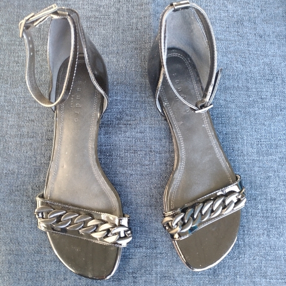 SANDRO Paris Black Patent Leather Open toe chain leather sandals, 38 US 7.5 NWOB - Picture 2 of 8